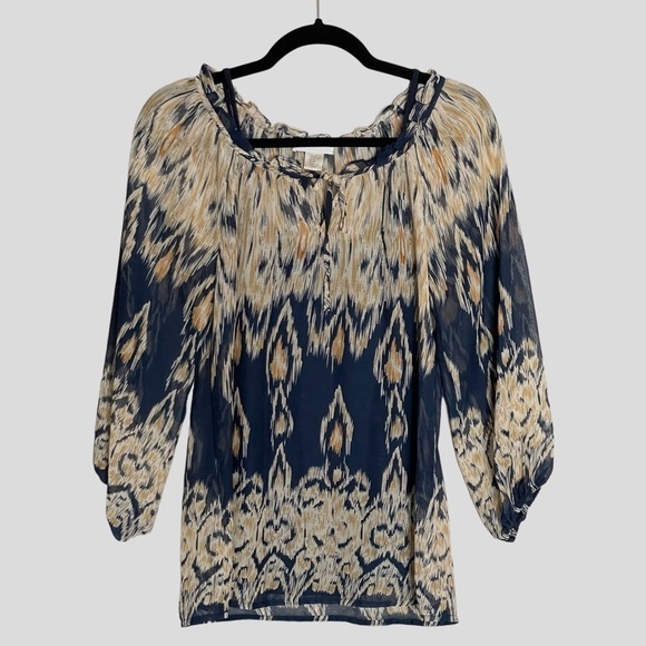 🌺 Kenar Boho Ikat Navy Tie Neck Lightweight Blouse Size XS - Picture 1 of 10